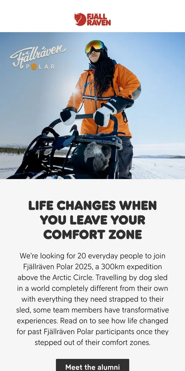 Email from Fjällräven. Ready to leave your comfort zone?