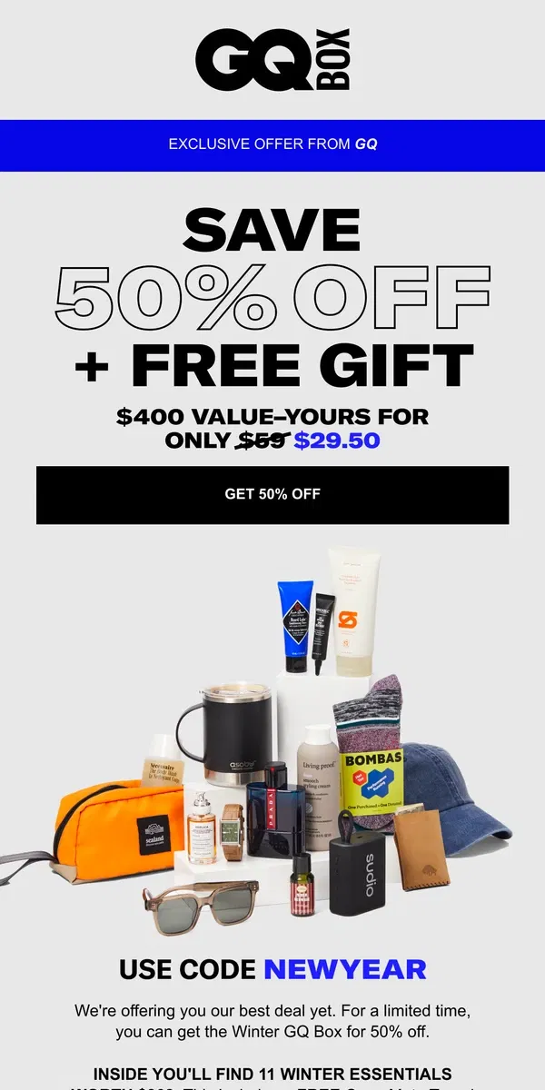 Email from GQ. Get 50% Off Your First GQ Box