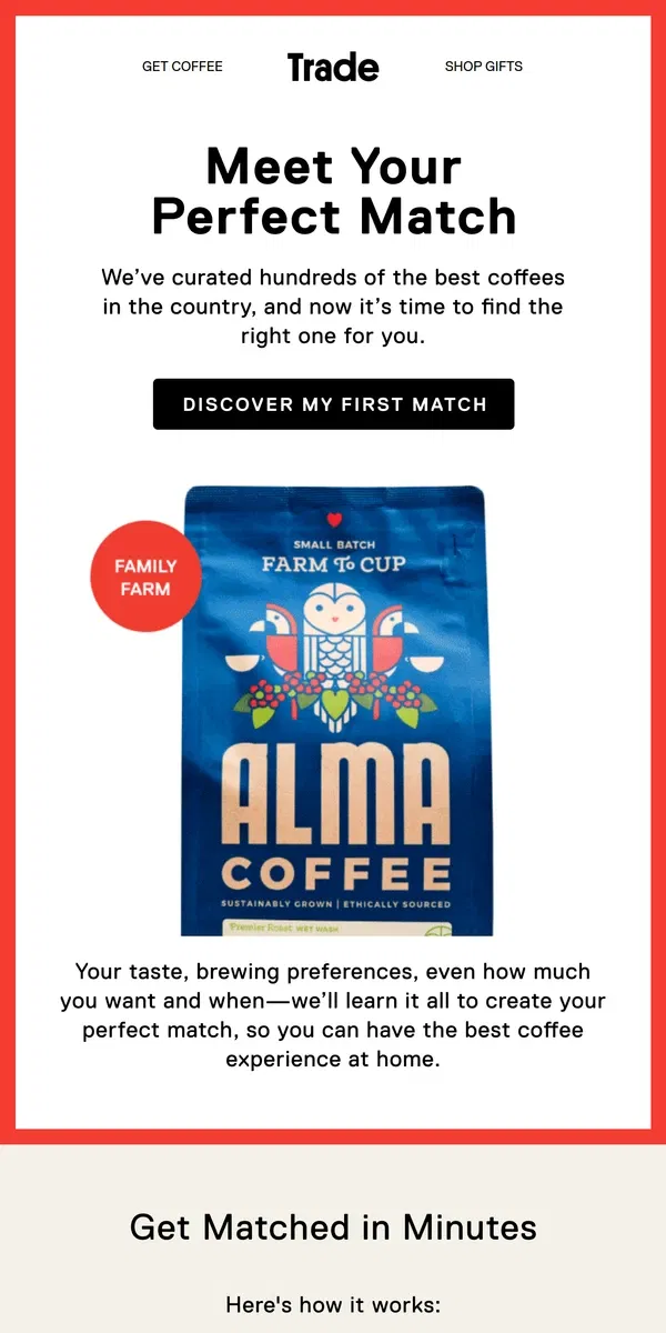 Email from Trade Coffee. Your Perfect Match is Waiting