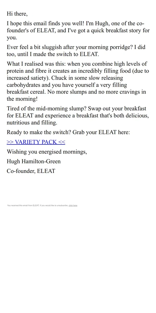 Email from ELEAT. Swap Out Your Porridge this Winter