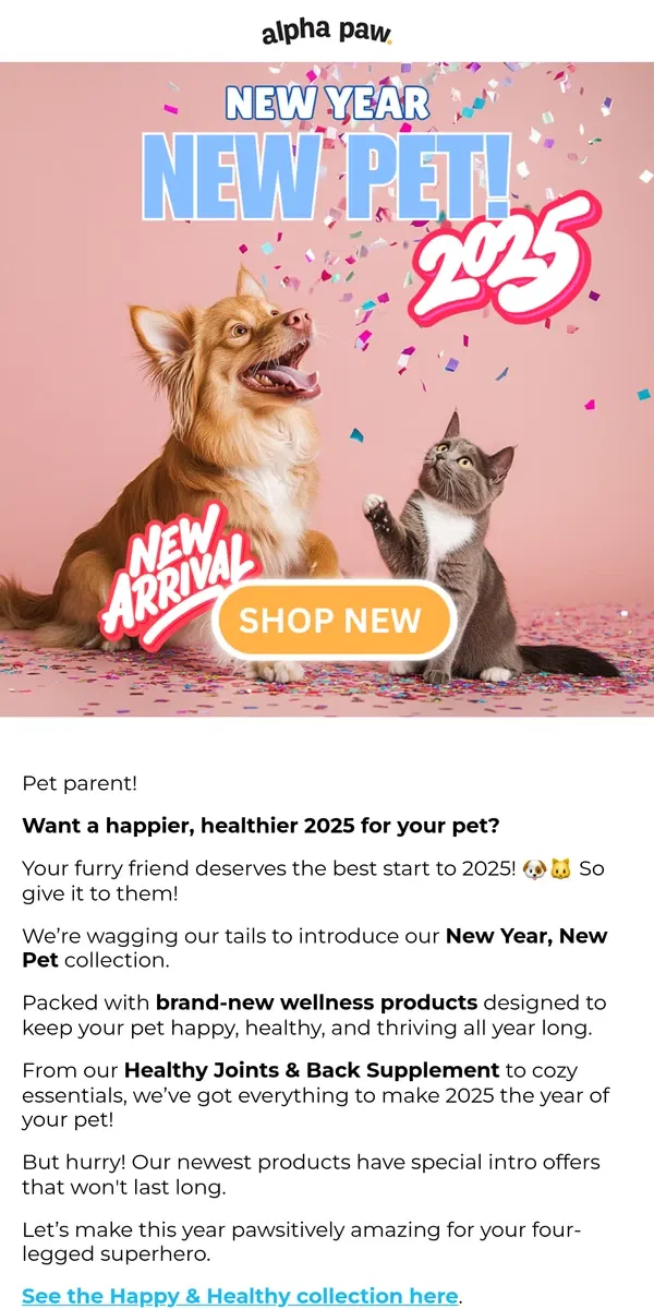 Email from Alpha Paw. 🎉 New Year, New Pet! Keep your pet healthy