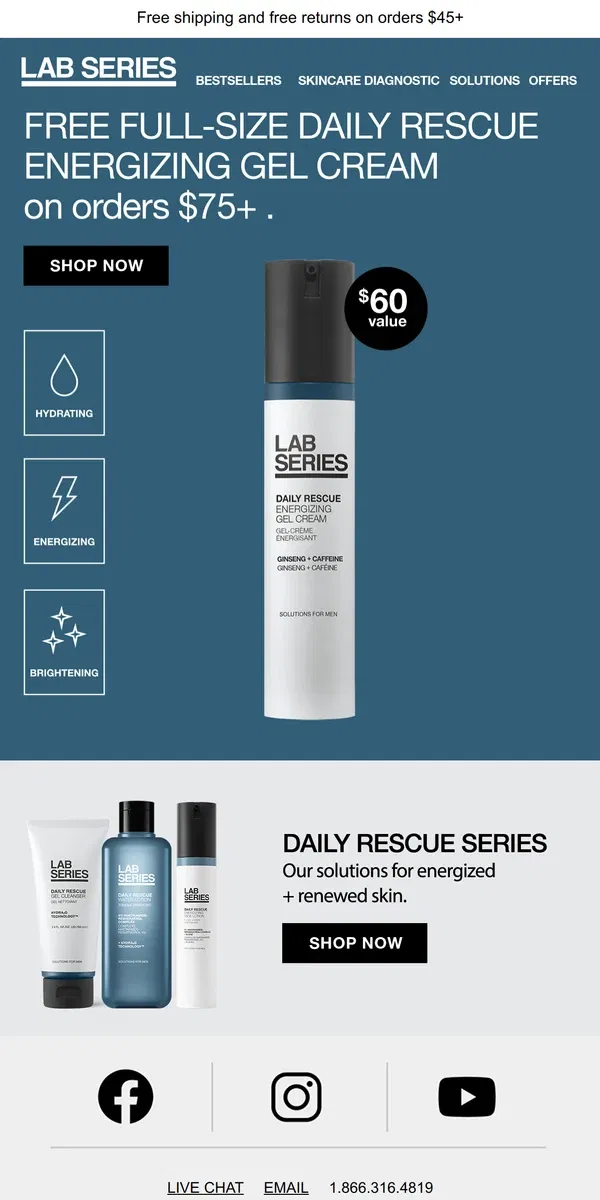 Email from Lab Series. FREE Full-Size Energizing Gel Cream ($60 Value) on orders $75+