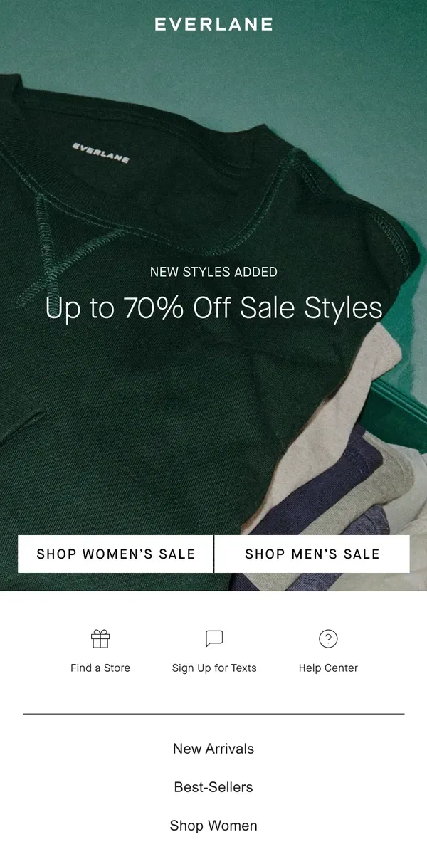 Email from Everlane. Up to 70% Off Sale Styles