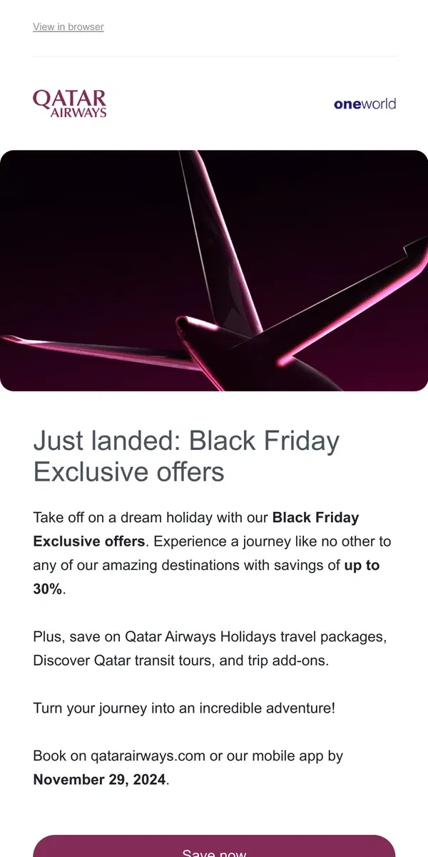 Email from Qatar Airways. Our Black Friday Exclusive offers have landed