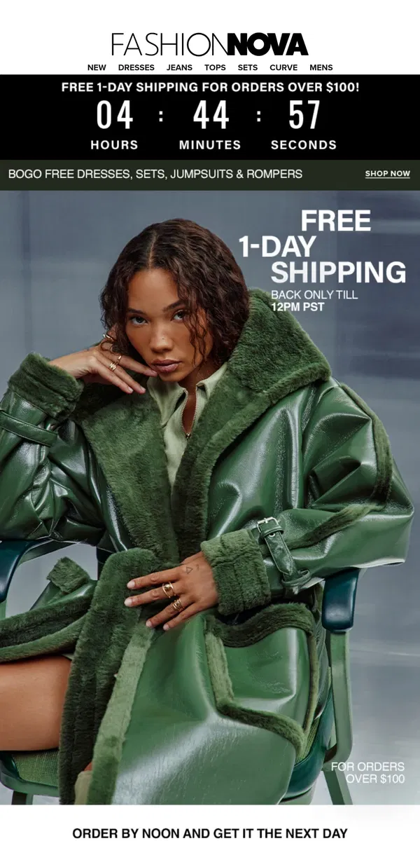 Email from Fashion Nova. FREE 1-Day Shipping Is Here!✈️☁️