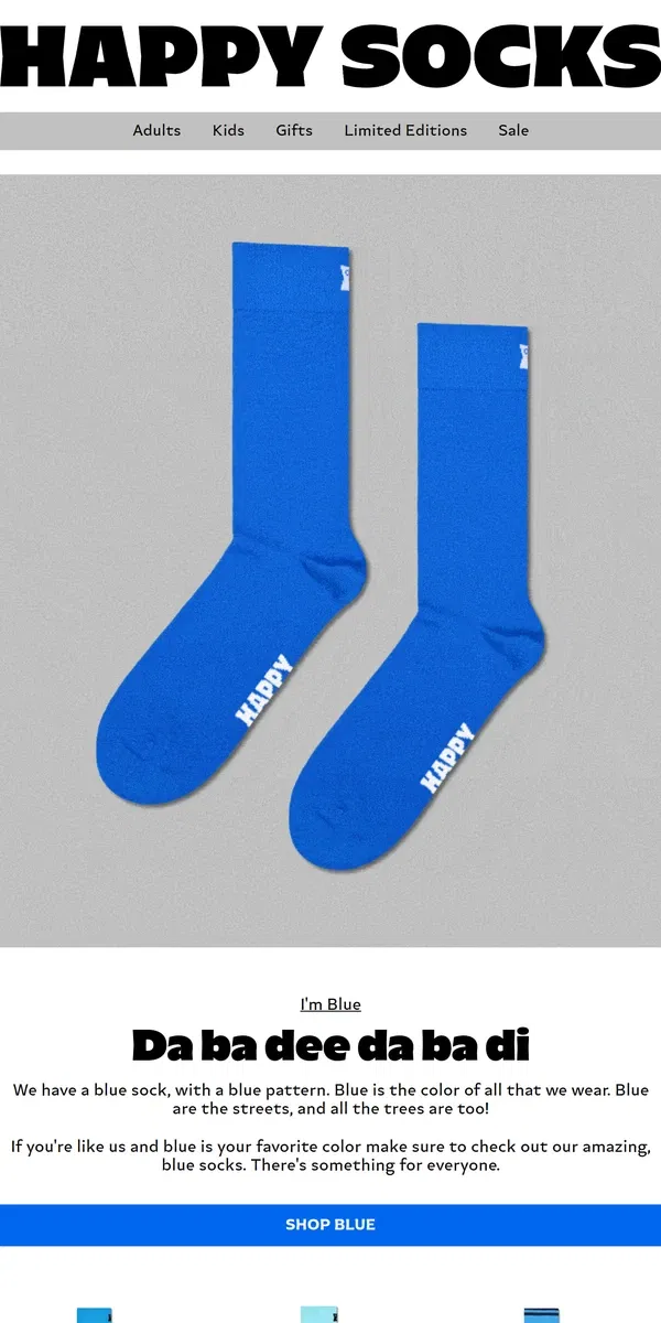 Email from Happy Socks. Live in a Blue Sock World