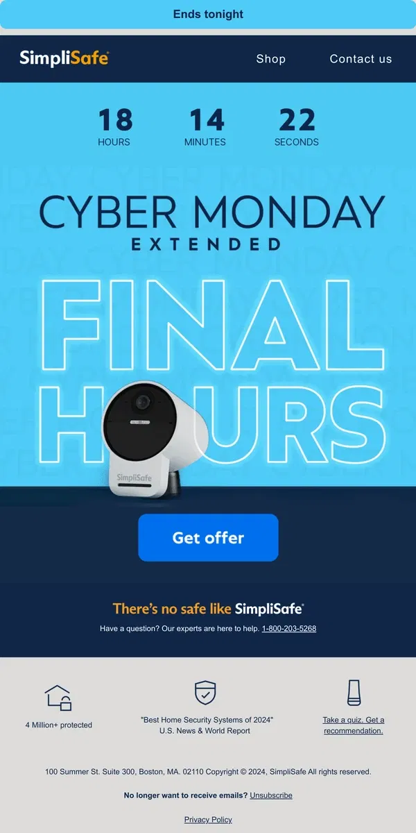 Email from SimpliSafe. Last chance to snag a Cyber Monday deal