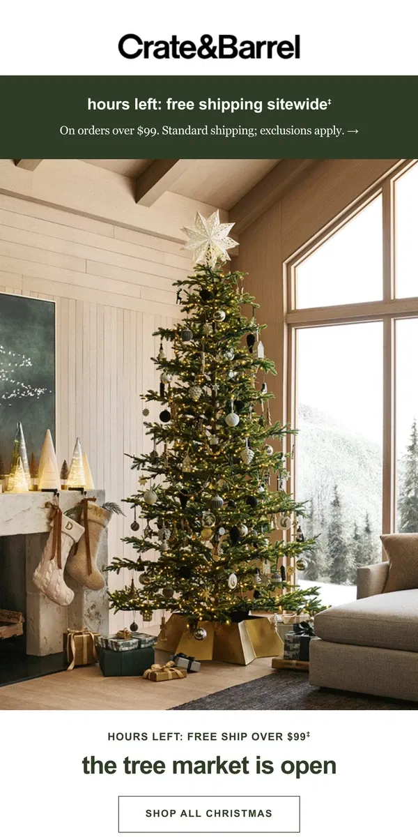 Email from Crate & Barrel. 2 months to Christmas. Trees & trimmings sell out first!