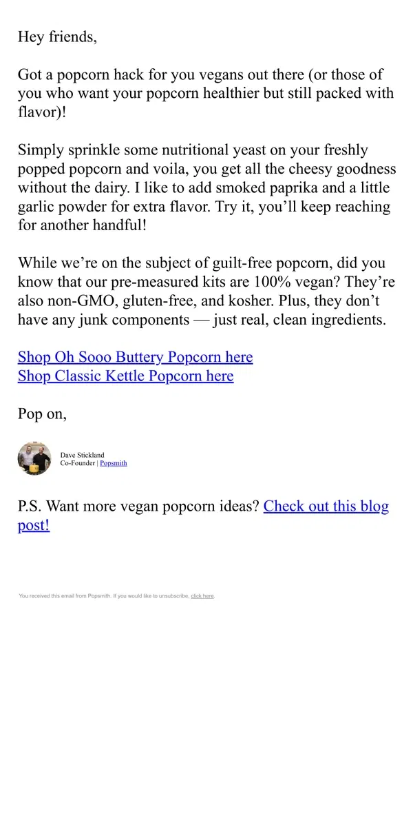 Email from Popsmith. Cheesy popcorn hack 💡