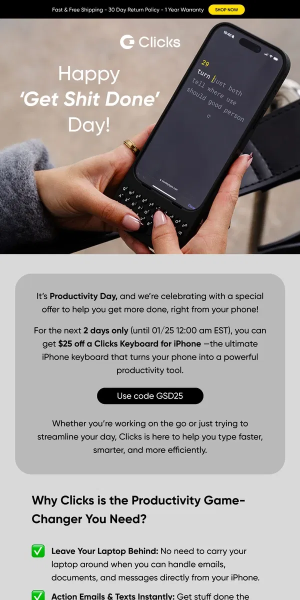 Email from Clicks. 🎉 Productivity Day Sale – Get $25 Off Clicks for 2 Days Only!