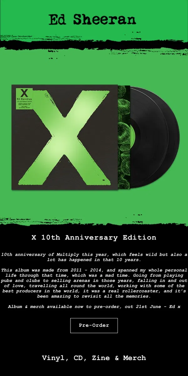 Email from Ed Sheeran. Multiply 10th Anniversary Edition & Merch