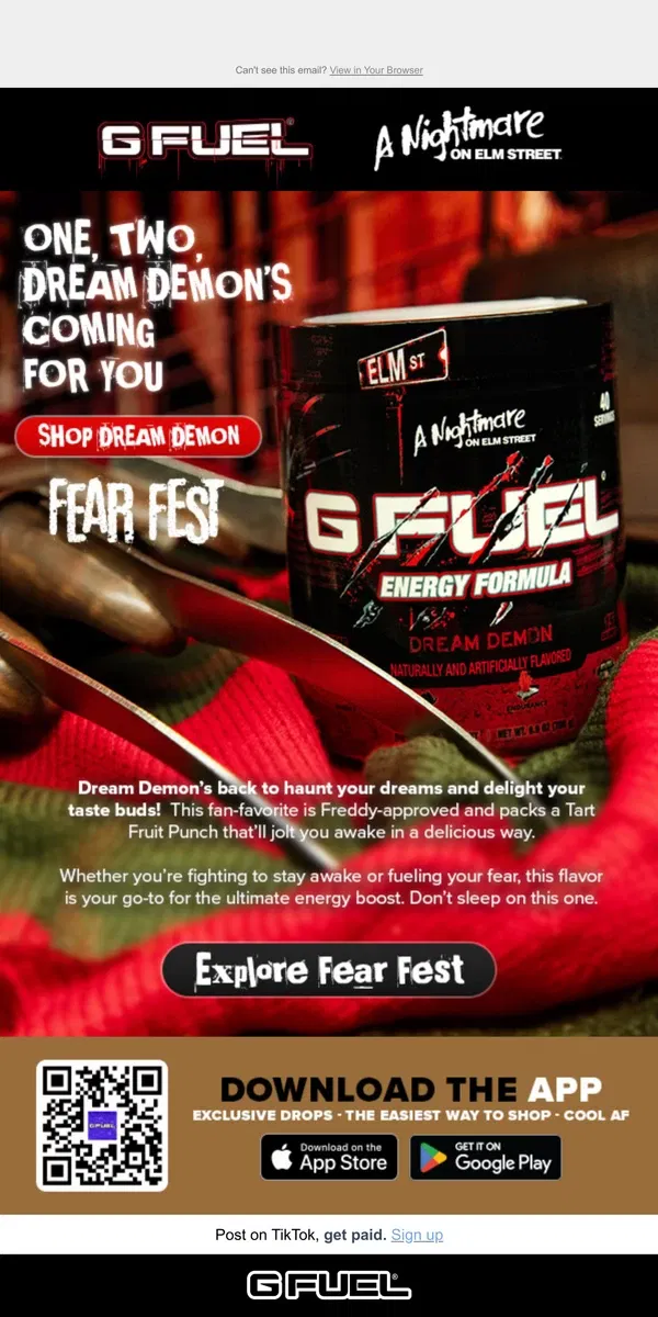 Email from G FUEL. Dream Demon’s back....in your cup. 🔪