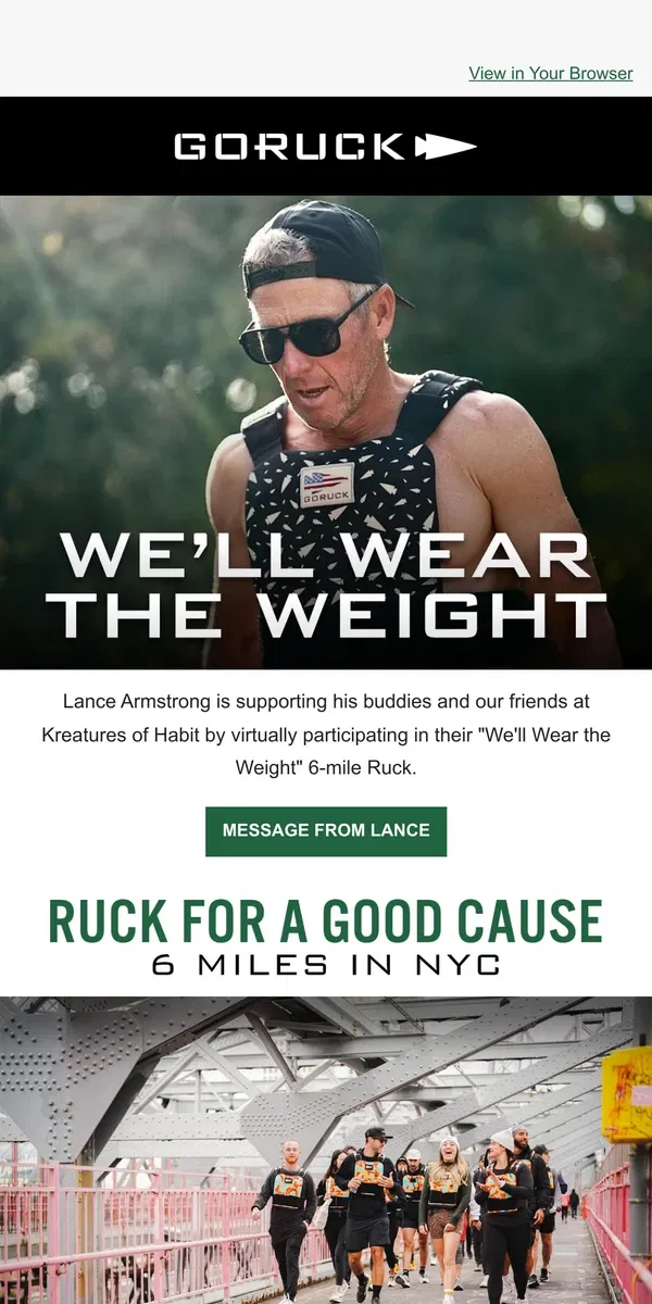 Email from GORUCK. Lance Armstrong is Rucking, Will You?