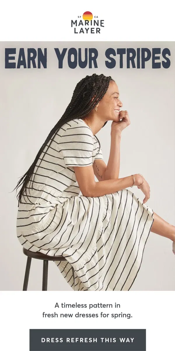 Email from Marine Layer. Timeless stripes on new spring dresses.