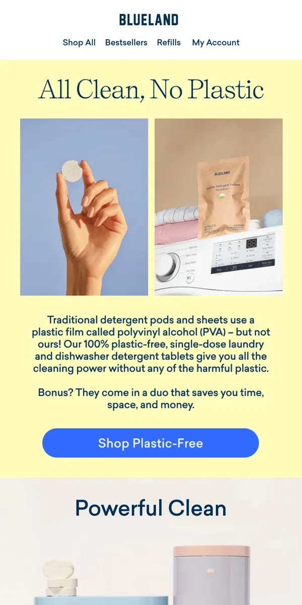 Email from Blueland. Clean dishes, clean clothes—zero plastic