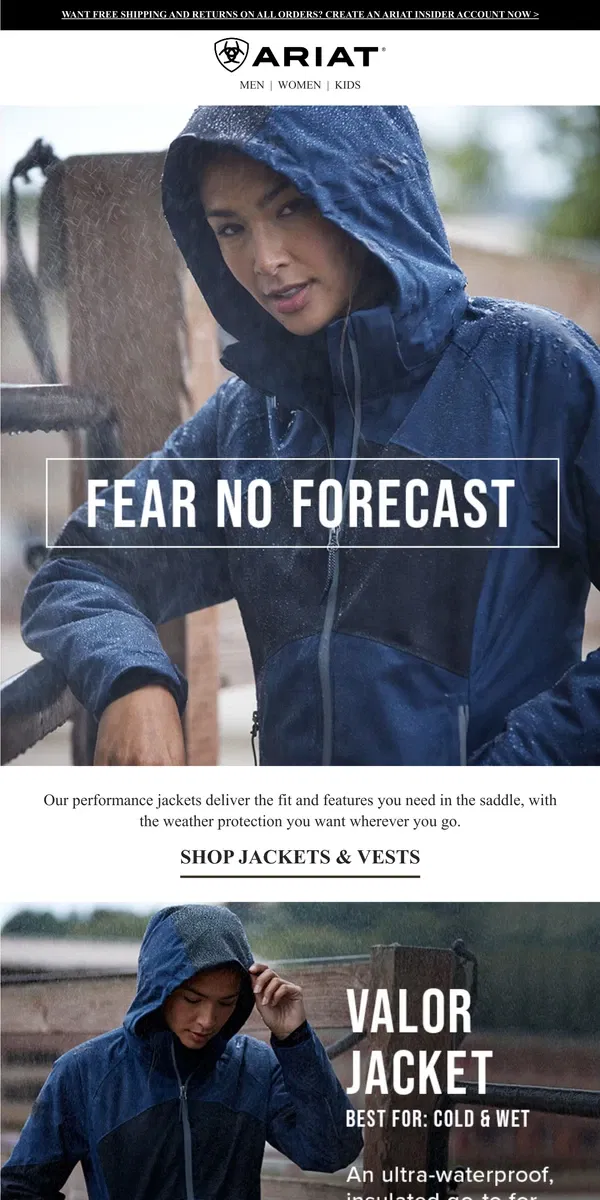 Email from Ariat. A Riding Jacket For Every Forecast