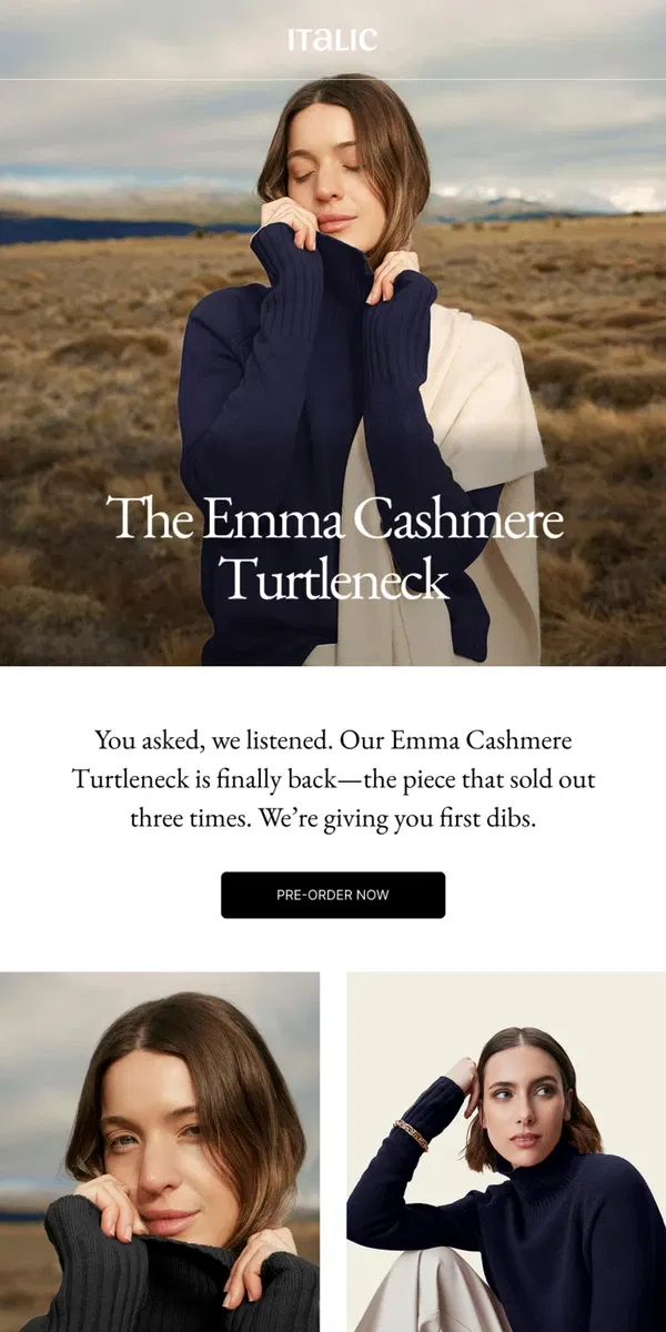 Email from Italic. The Emma Cashmere Turtleneck is (Almost) Back