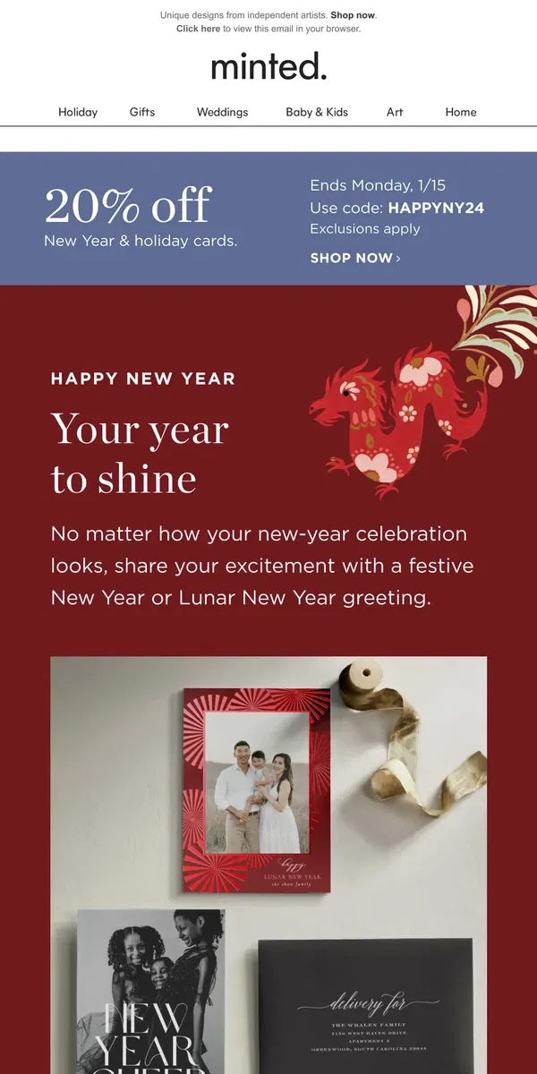 Email from Minted. Celebrate the new year with 20% off