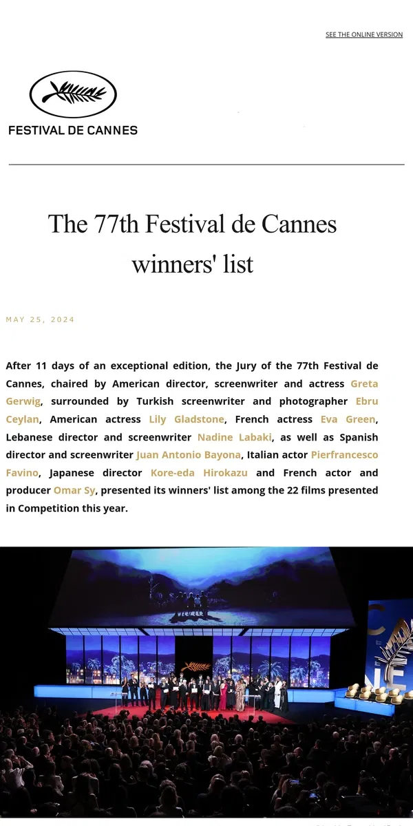 Email from Festival de Cannes. The 77th Festival de Cannes winners' list