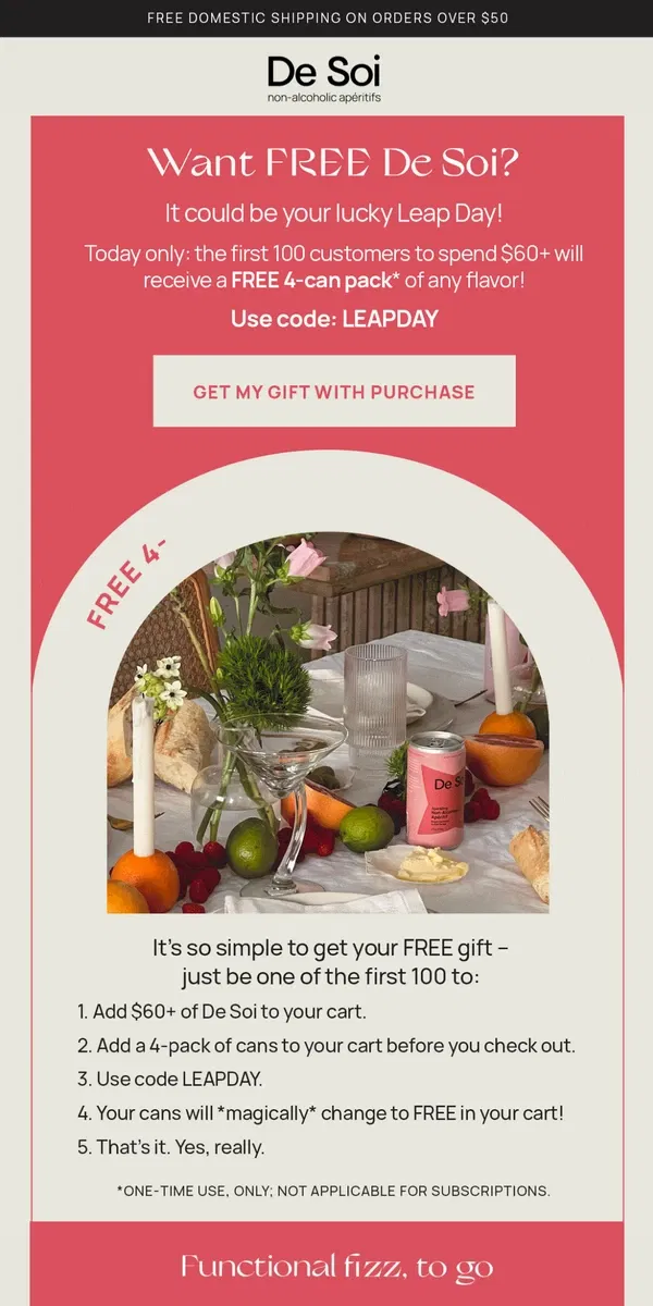 Email from De Soi. Get a FREE 4-can pack to celebrate Leap Day!