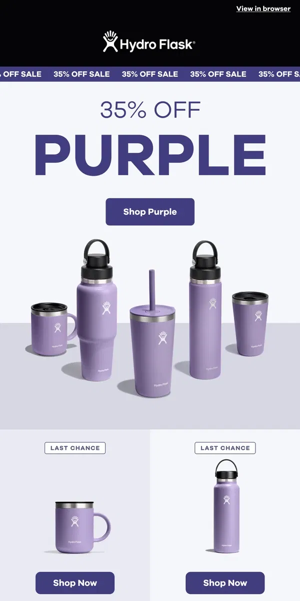 Email from Hydro Flask. 35% off purple 💜