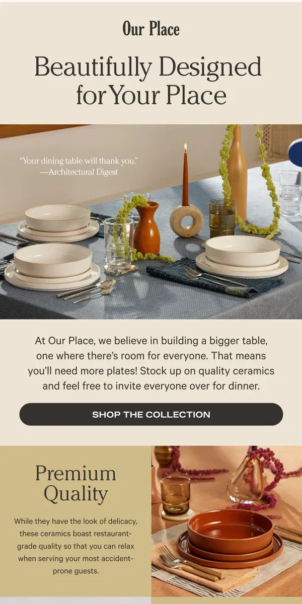 Email from Our Place. Premium ceramics