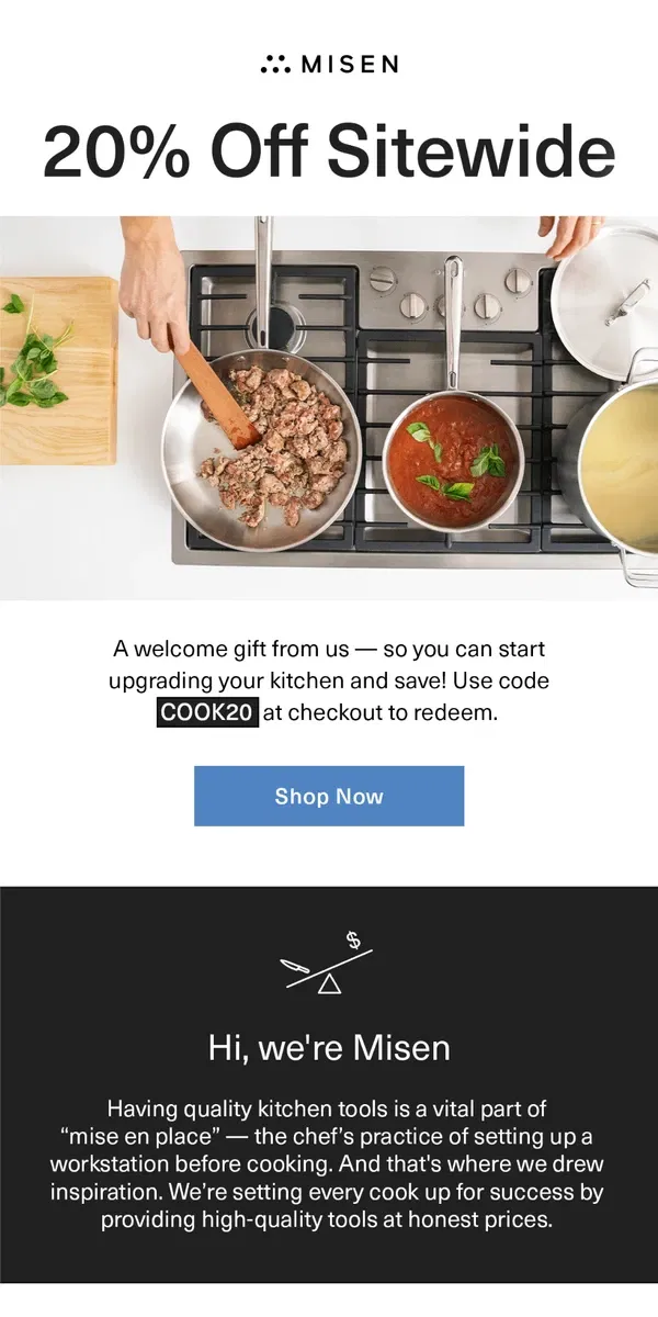 Email from Misen. Unlock 20% off your first order