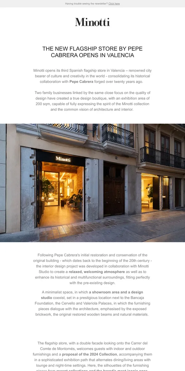 Email from MINOTTI. THE NEW FLAGSHIP STORE BY PEPE CABRERA OPENS IN VALENCIA