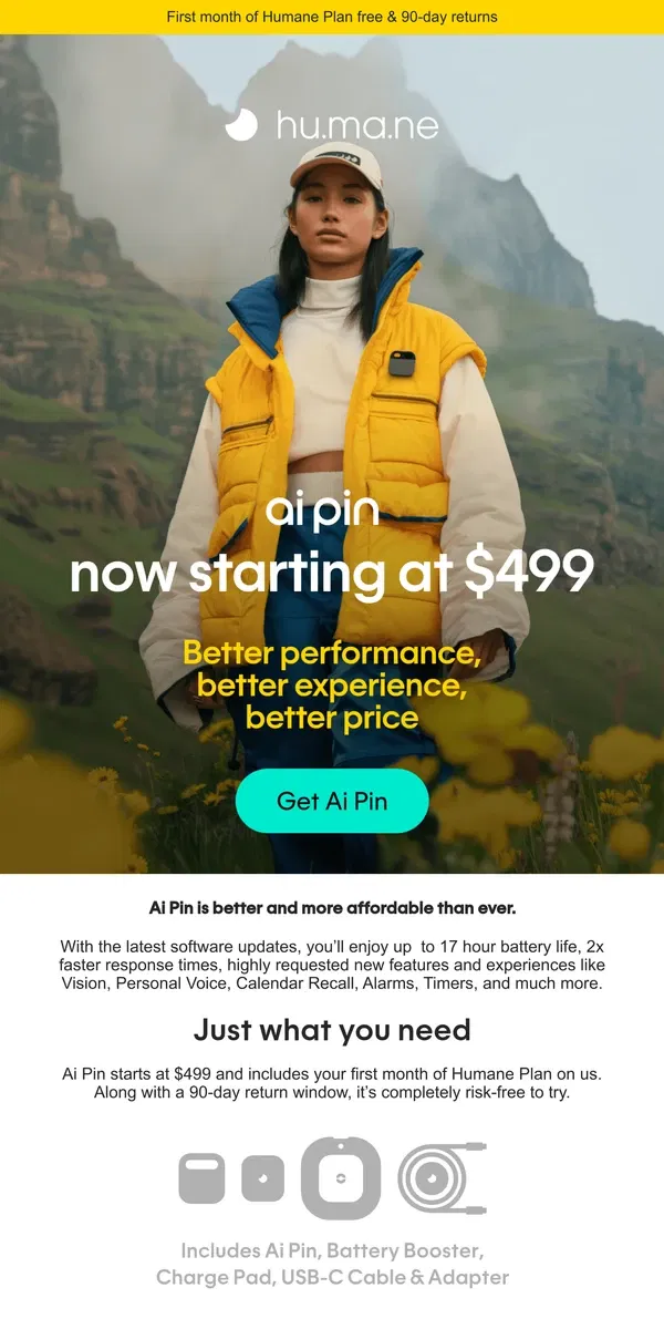 Email from Humane. Ai Pin – now starting at $499*