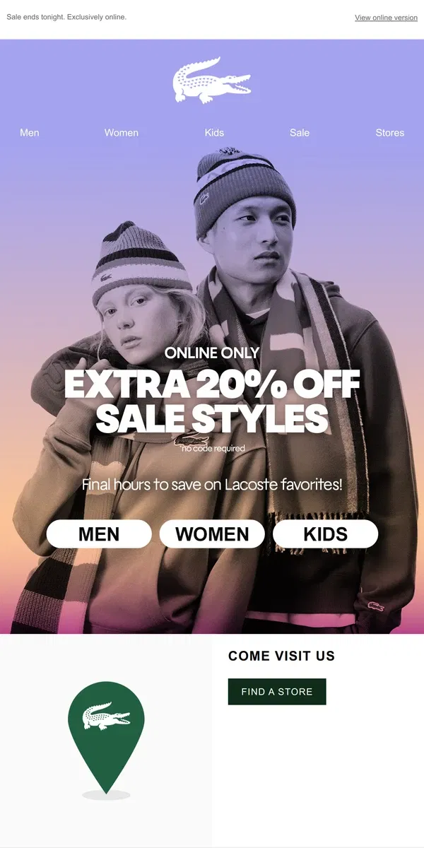 Email from Lacoste. LAST CHANCE for Extra 20% Off