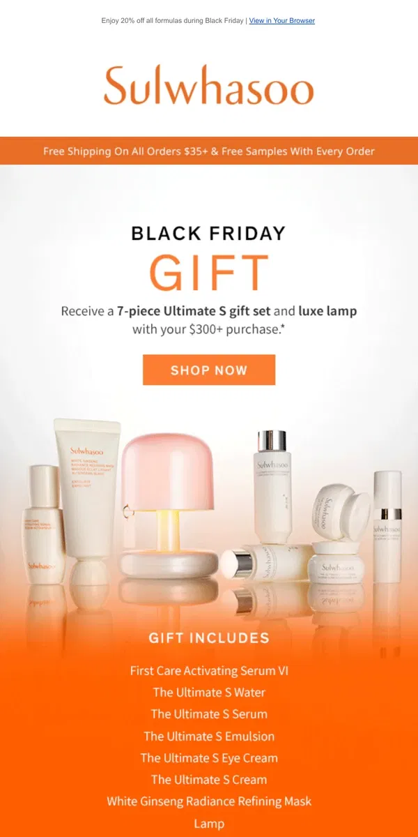 Email from Sulwhasoo. 8-Piece The Ultimate S Gift Set with Purchases $300+