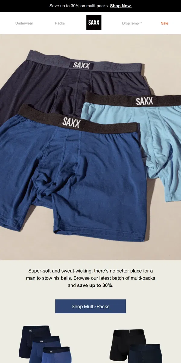 Email from SAXX Underwear. Save bread when you shop in packs 🍞