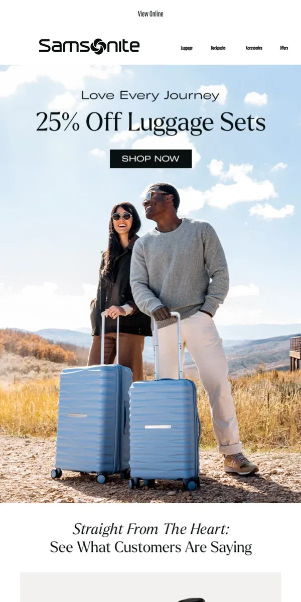 Email from Samsonite. Limited Time Offer: 25% off Luggage Sets