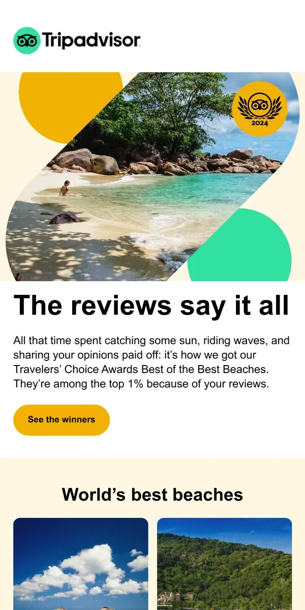 Email from Tripadvisor. Top-rated beaches to visit this year 🏄