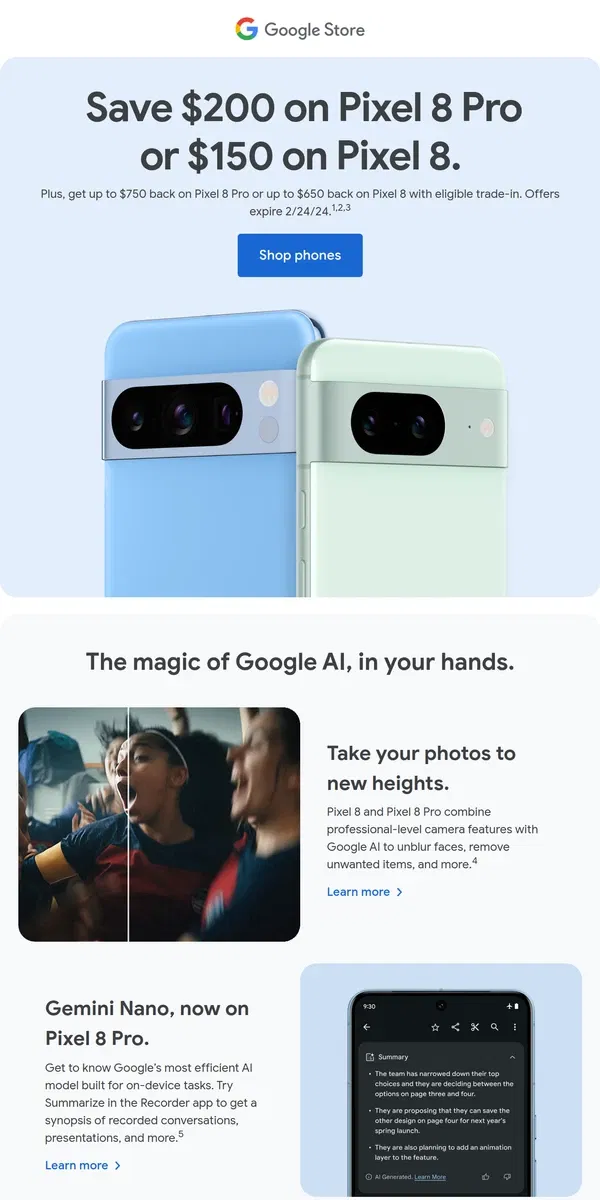 Email from Google Store. Save up to $200 on Pixel phones