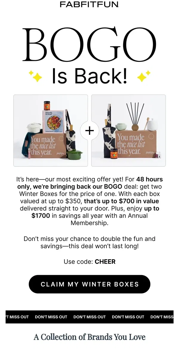 Email from FabFitFun. 48 Hours to Save: Two Winter Boxes, Double the Fun!