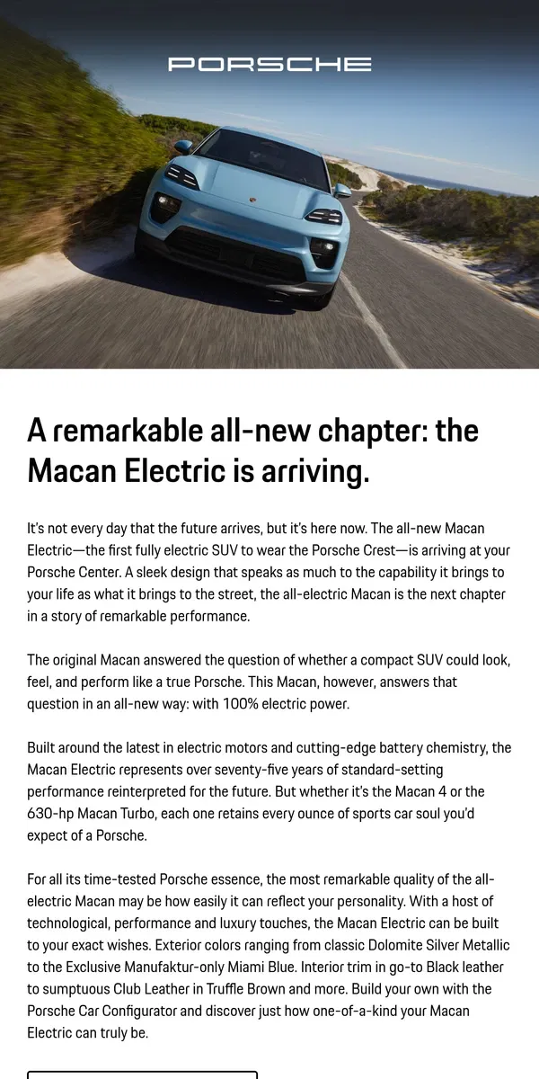 Email from Porsche. The next thrilling chapter in Porsche performance has begun.