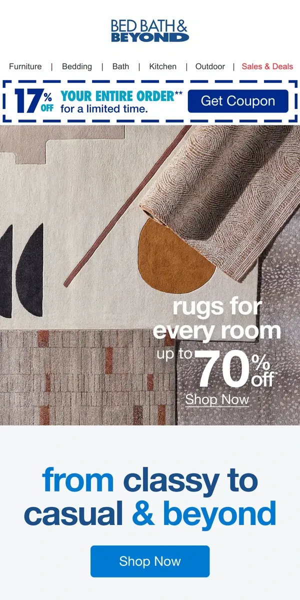 Email from Bed Bath & Beyond. Refresh Any Room With Up to 70% Off Rugs!