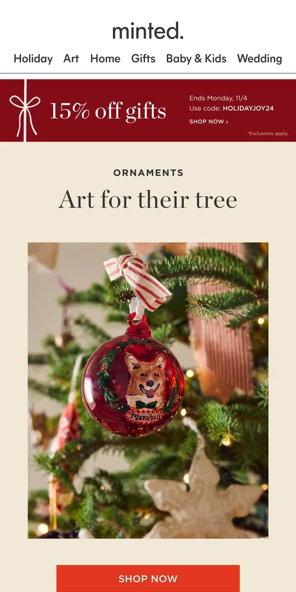 Email from Minted. Ornaments make great stocking stuffers