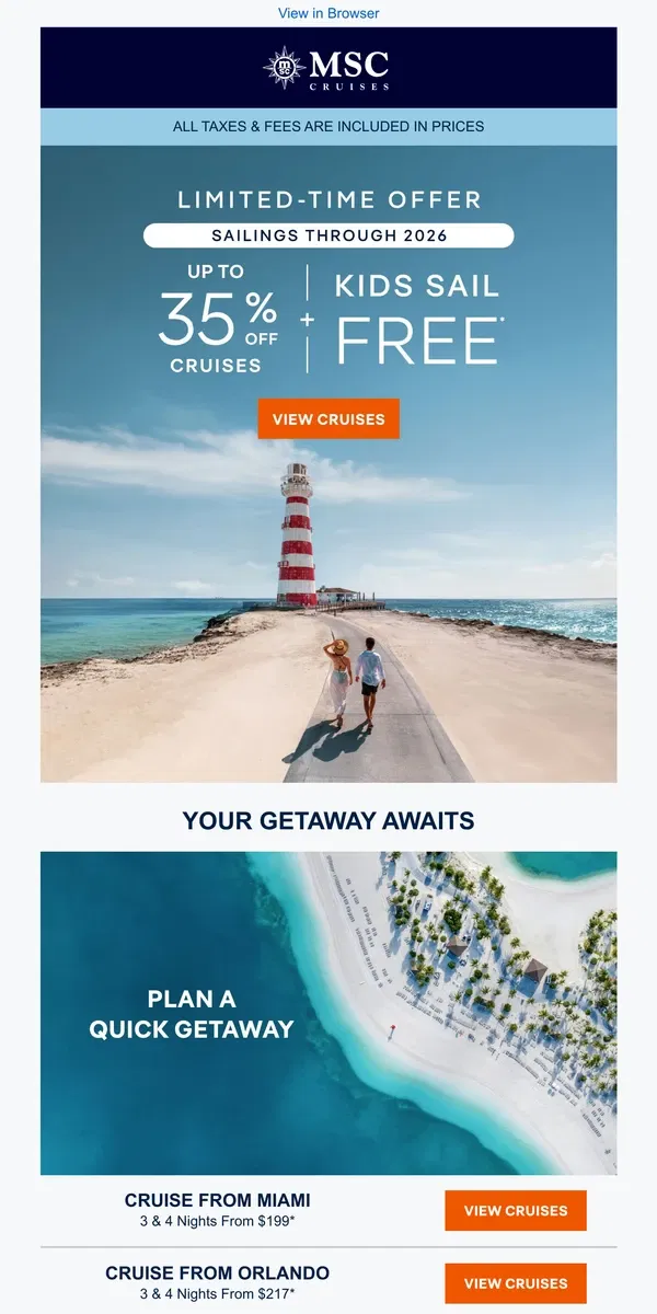 Email from MSC Cruises. [Name], In Need of a Getaway?