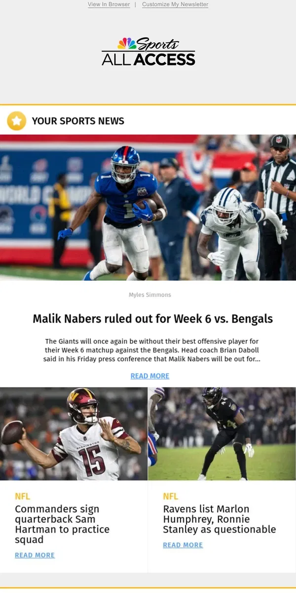 Email from NBC Sports. Malik Nabers ruled out for Week 6 vs. Bengals