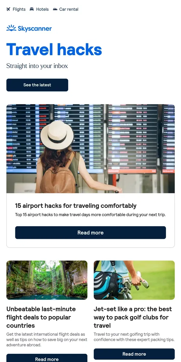 Email from Skyscanner. 15 airport hacks for traveling comfortably