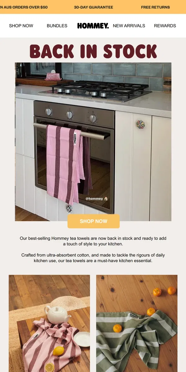 Email from Hommey. Just Restocked: Kitchen Tea Towels ✨