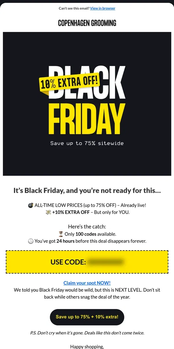 Email from Copenhagen Grooming. BLACK FRIDAY 🚨 Unlock EXTRA discount (100 codes available)