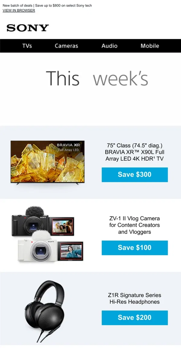 Email from Sony. Check Out These New Savings | Up to $800 Off TV, Home Theater + More