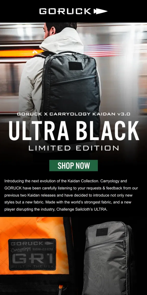 Email from GORUCK. Limited Edition GORUCK x Carryology ULTRA Black