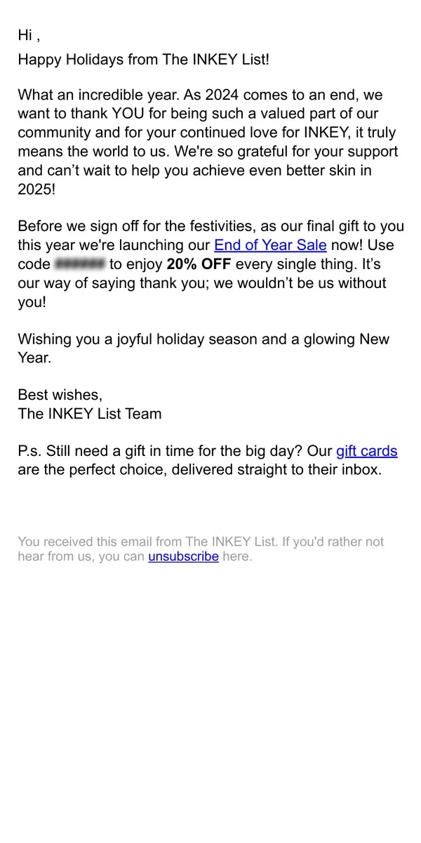 Email from The INKEY List. Our end of year sale just dropped! ✨