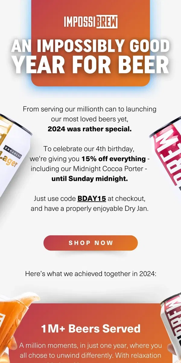 Email from IMPOSSIBREW. Celebrate our birthday with 15% off...