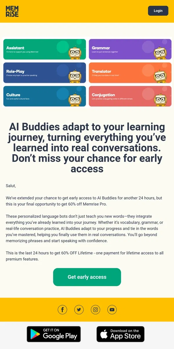 Email from Memrise. 🚨 Final extension: 24 hours left to unlock AI Buddies + 60% off!