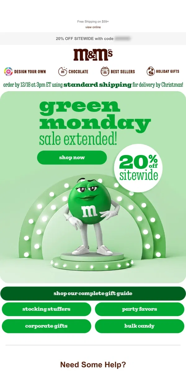 Email from M&M's. Extended 💚 Green Monday Deals!